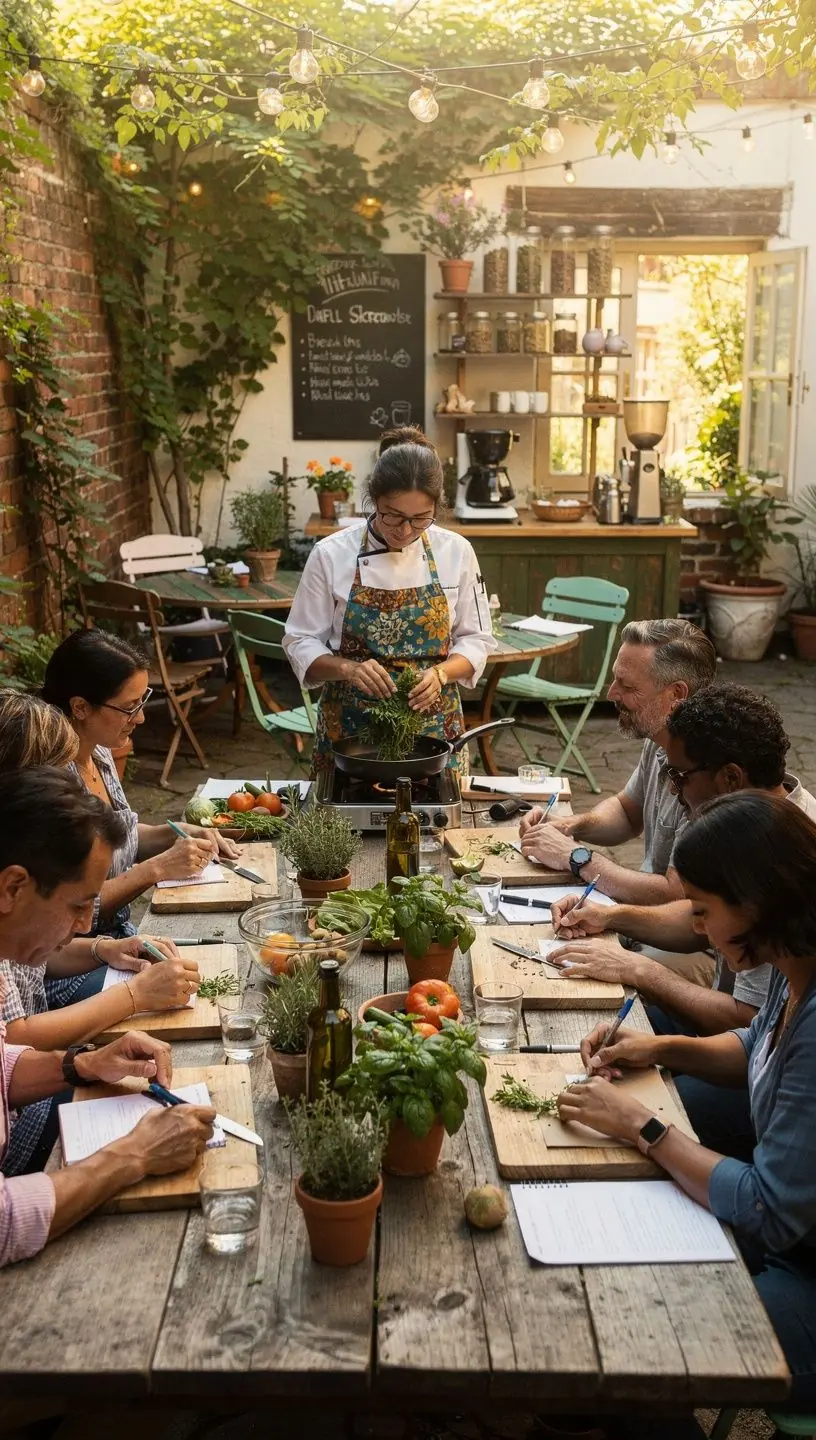 Ambiente acolhedor de clube de jardinagem com workshop.