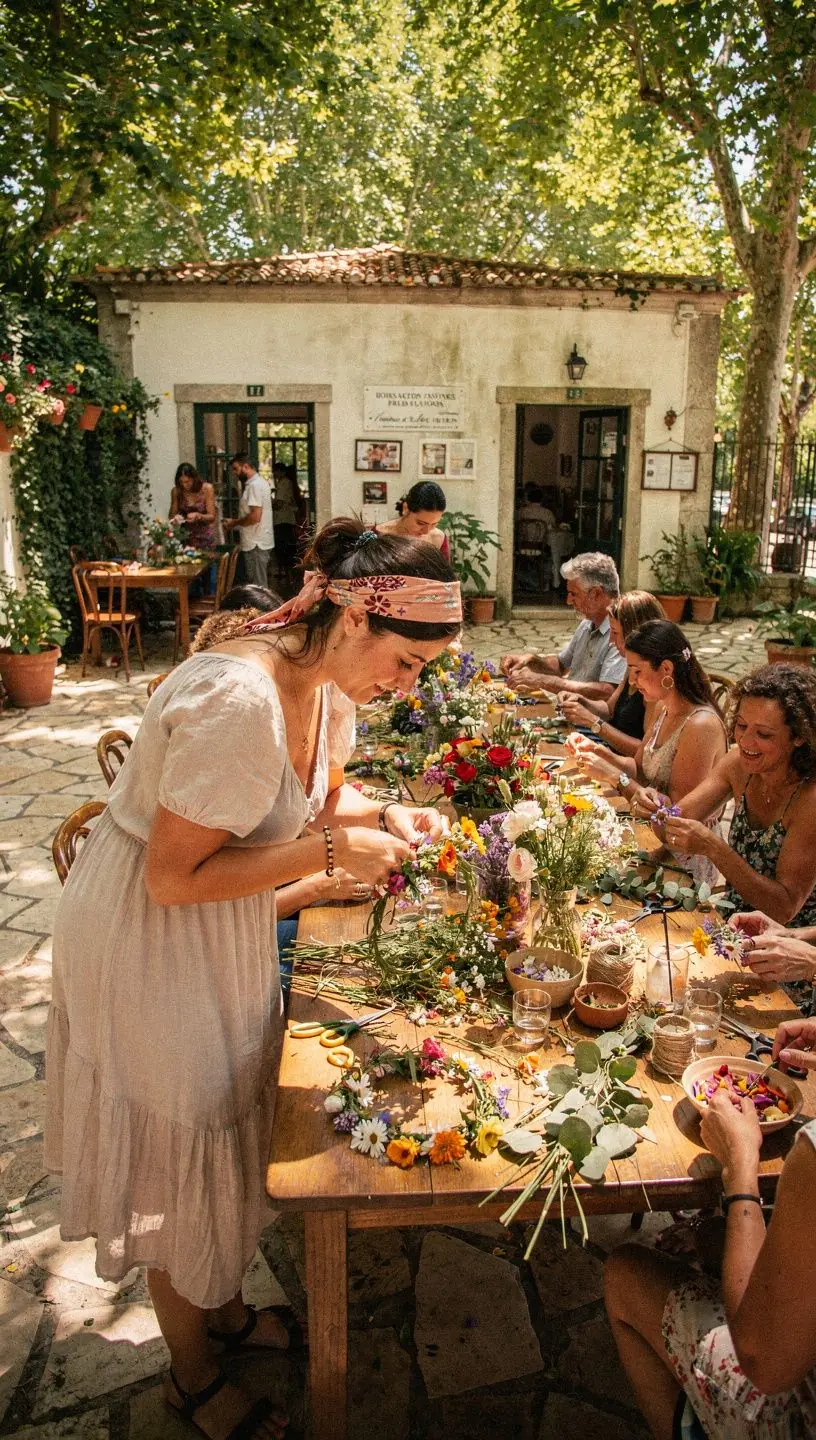 Comunidade unida em jardim, workshops e troca de plantas.