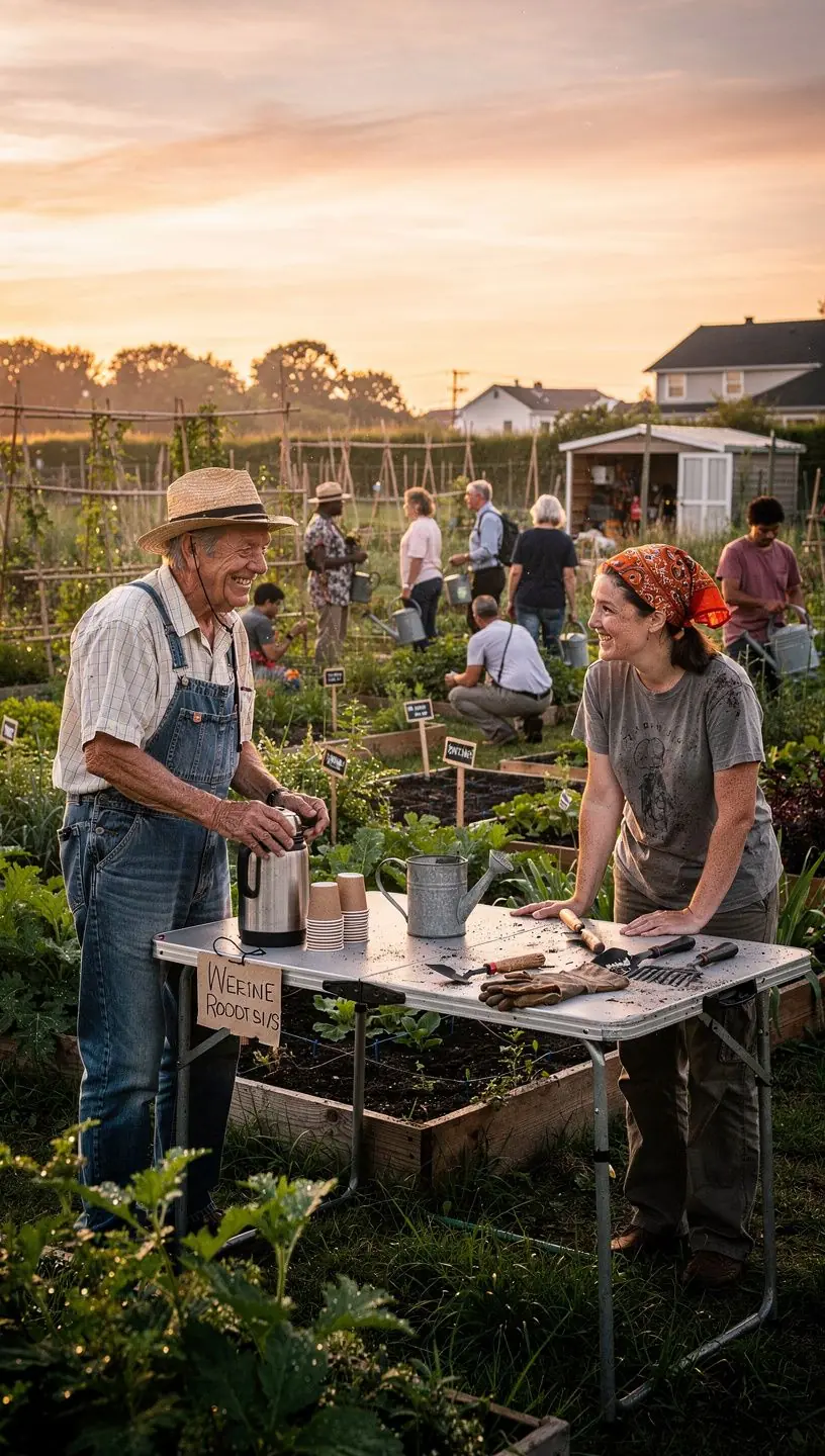 Espaço inclusivo em clube de jardinagem com participantes diversos.