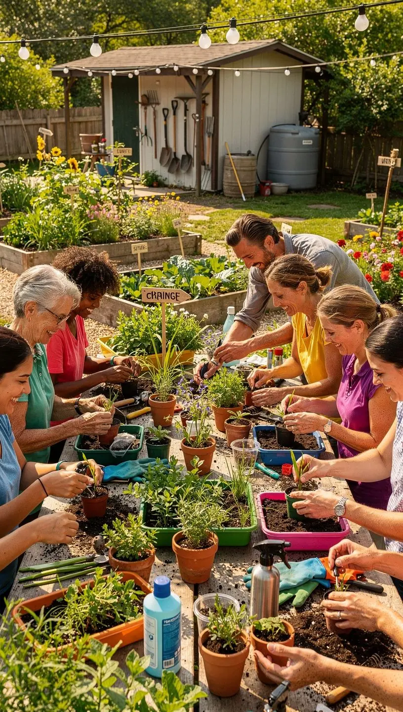 Jovens participando de atividades de jardinagem em clube.